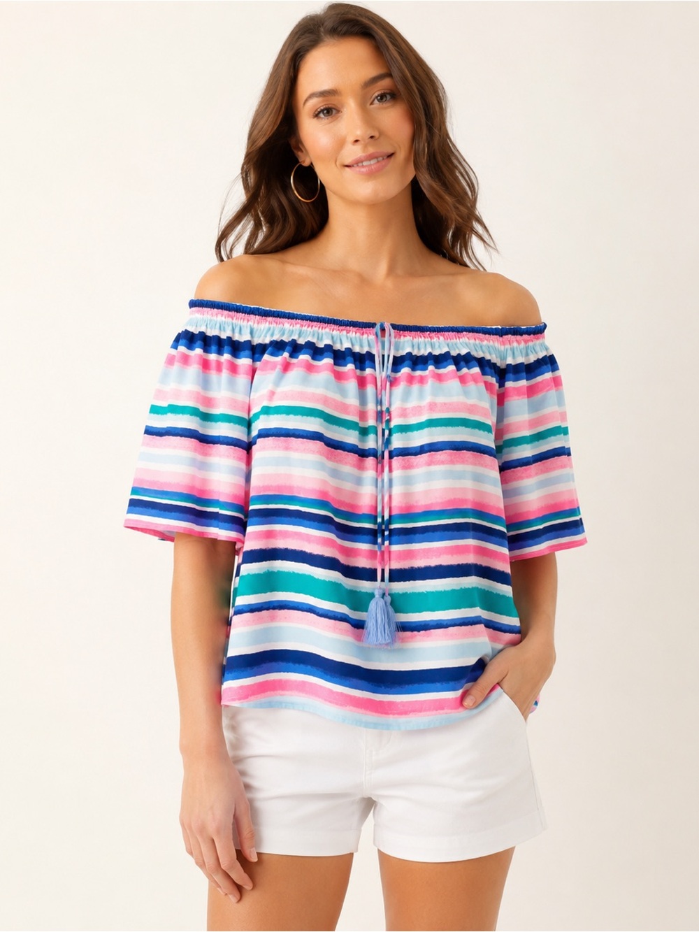 Lilly Pulitzer Sain Off Shoulder Top Sandy Shell Stripe Tassel Flutter Sleeve